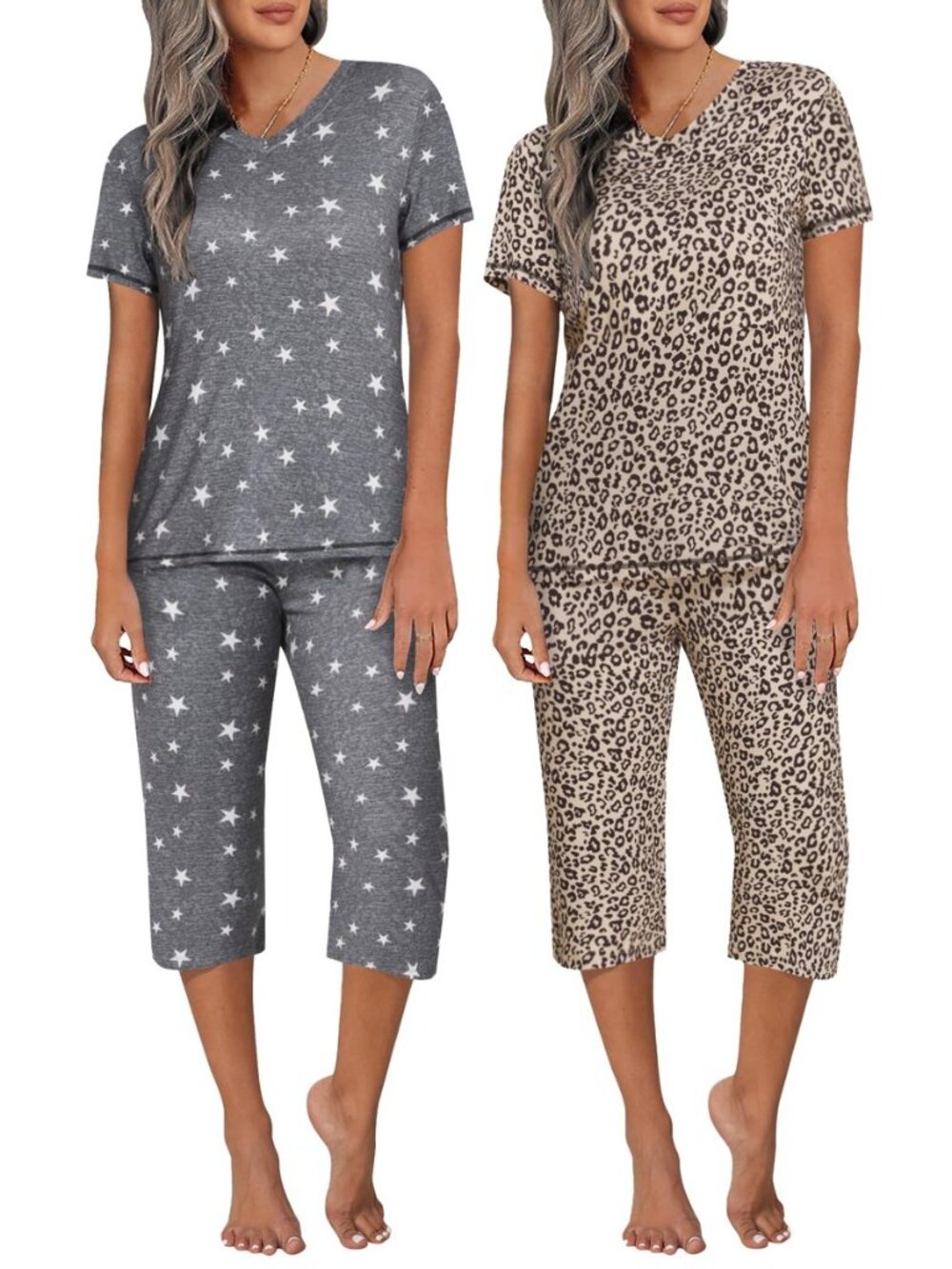 2 Pack Women's Capri Pajama Sets Short Sleeve Two-Piece Pjs V Neck Tops & Pants